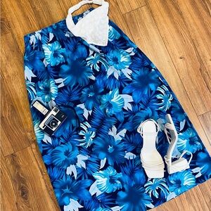 Vintage 90s Midi Skirt – Blue Tropical Floral Print – Made in Canada
